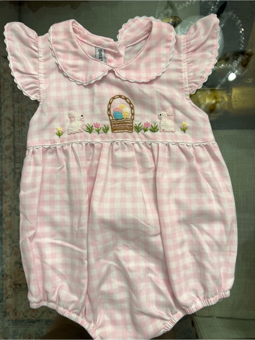 Sweet Dreams Pink Gingham Embroidered Bunny & Basket One-Piece